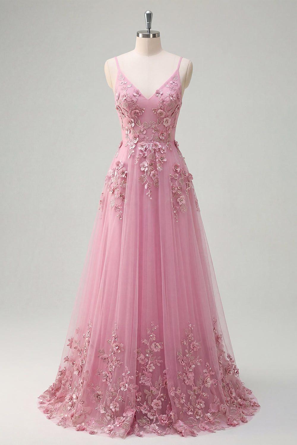 Taro A-Line Spaghetti Straps Long Prom Dress with Appliqued 3D Flowers