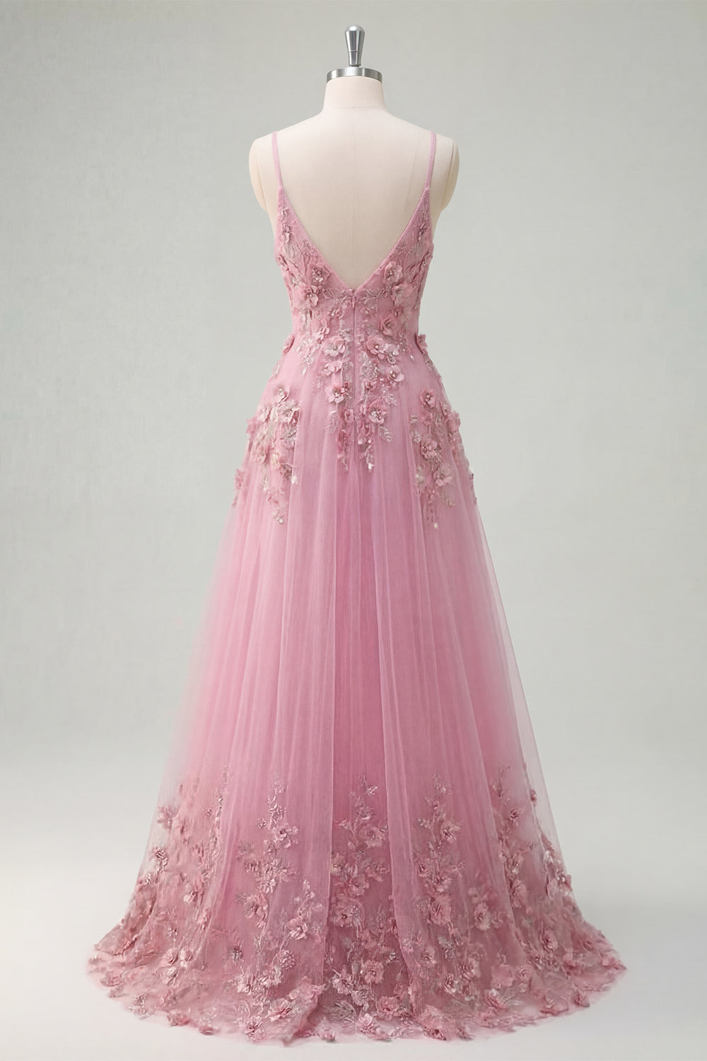 Taro A-Line Spaghetti Straps Long Prom Dress with Appliqued 3D Flowers