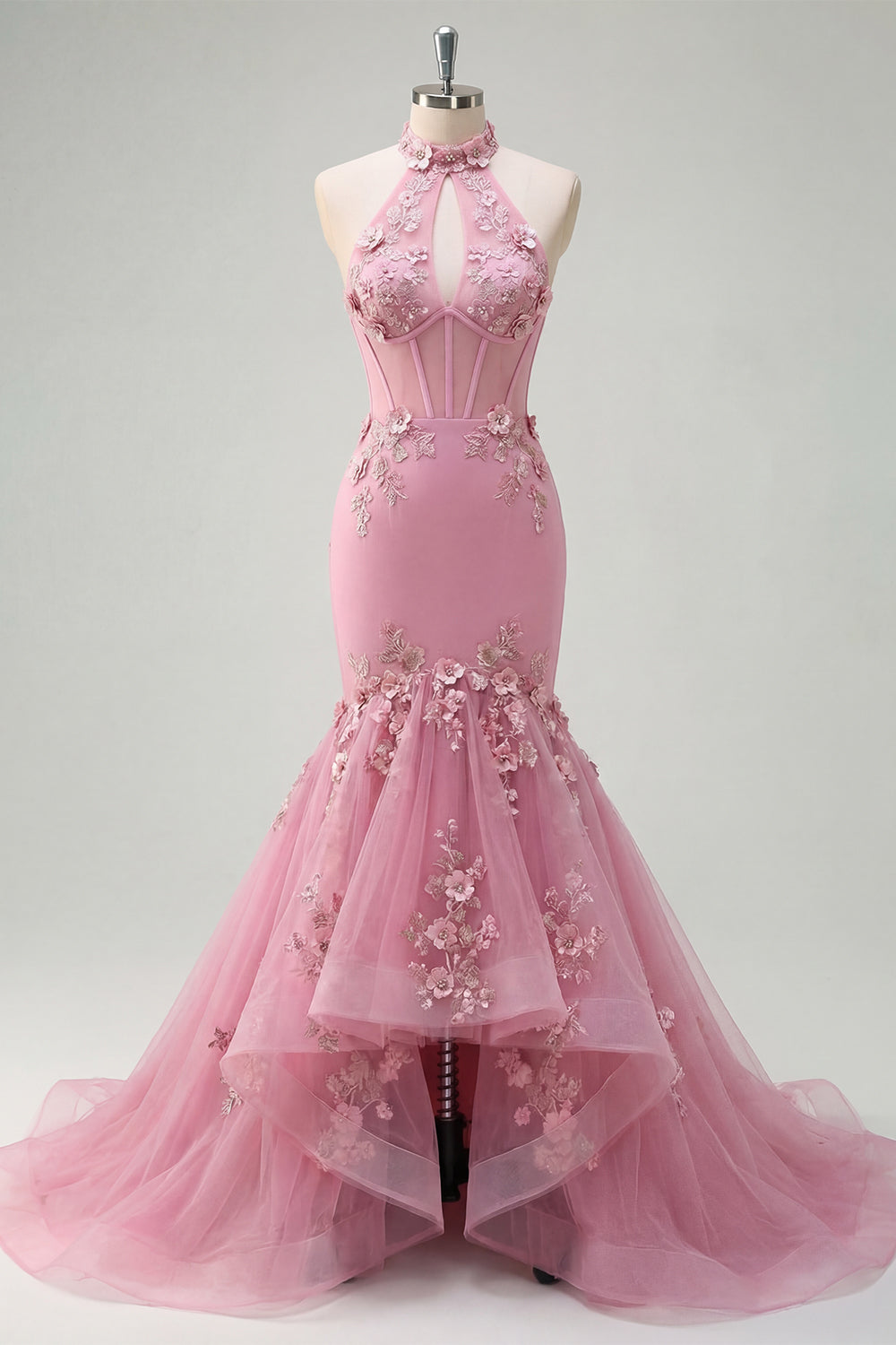 Robe de bal longue sirène Taro avec corset licou orné de perles et fleurs 3D