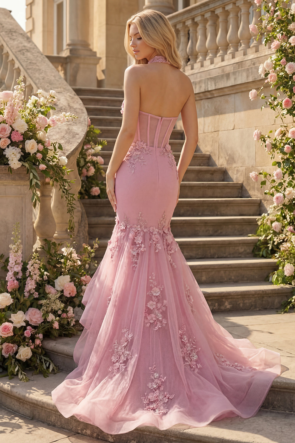 Robe de bal longue sirène Taro avec corset licou orné de perles et fleurs 3D