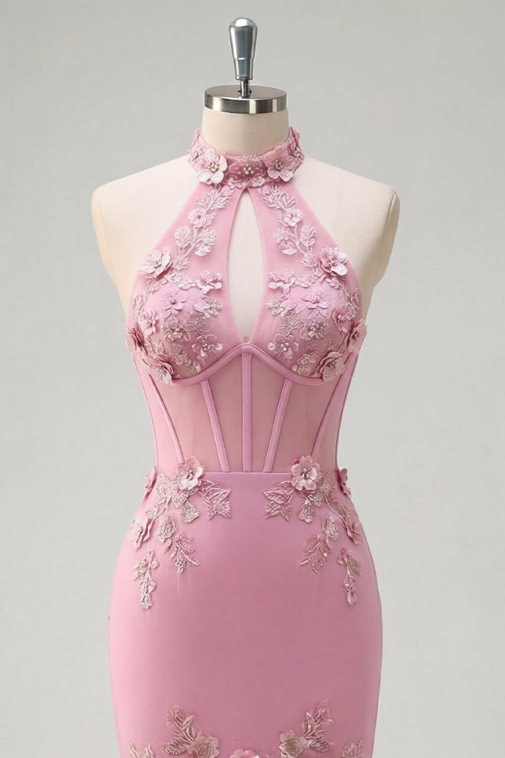 Robe de bal longue sirène Taro avec corset licou orné de perles et fleurs 3D