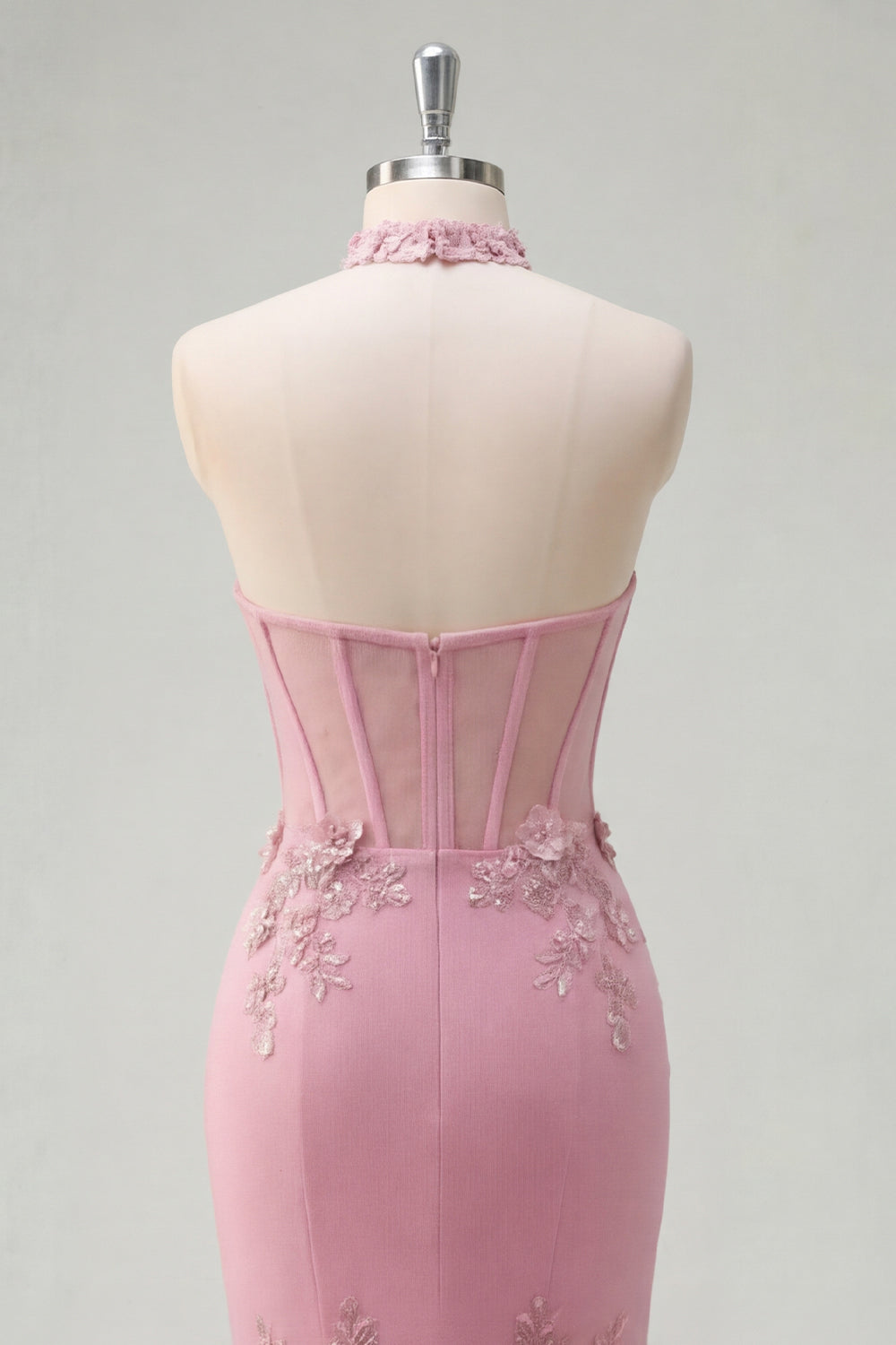 Robe de bal longue sirène Taro avec corset licou orné de perles et fleurs 3D