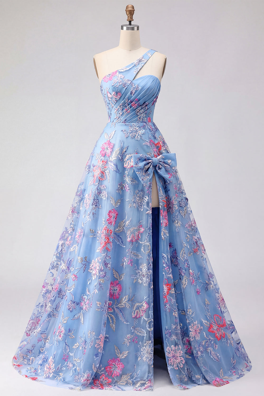 Blue One Shoulder A-Line Appliqued Prom Dress with Slit