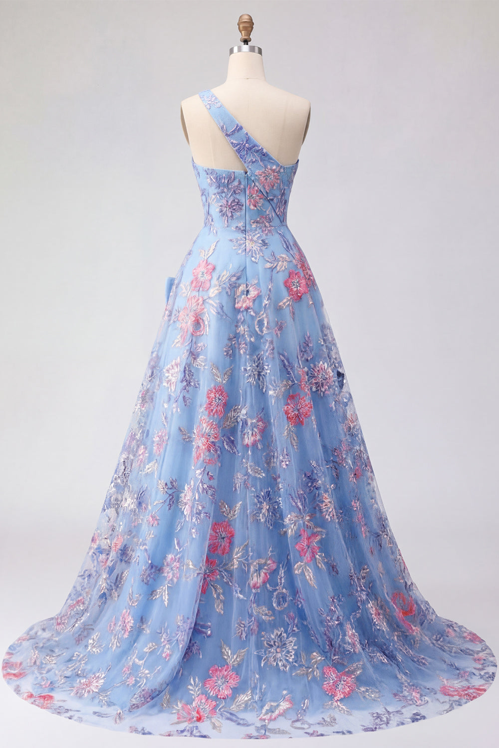 Blue One Shoulder A-Line Appliqued Prom Dress with Slit
