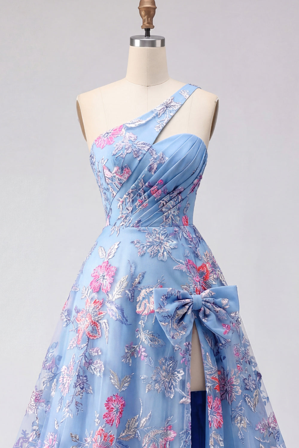 Blue One Shoulder A-Line Appliqued Prom Dress with Slit