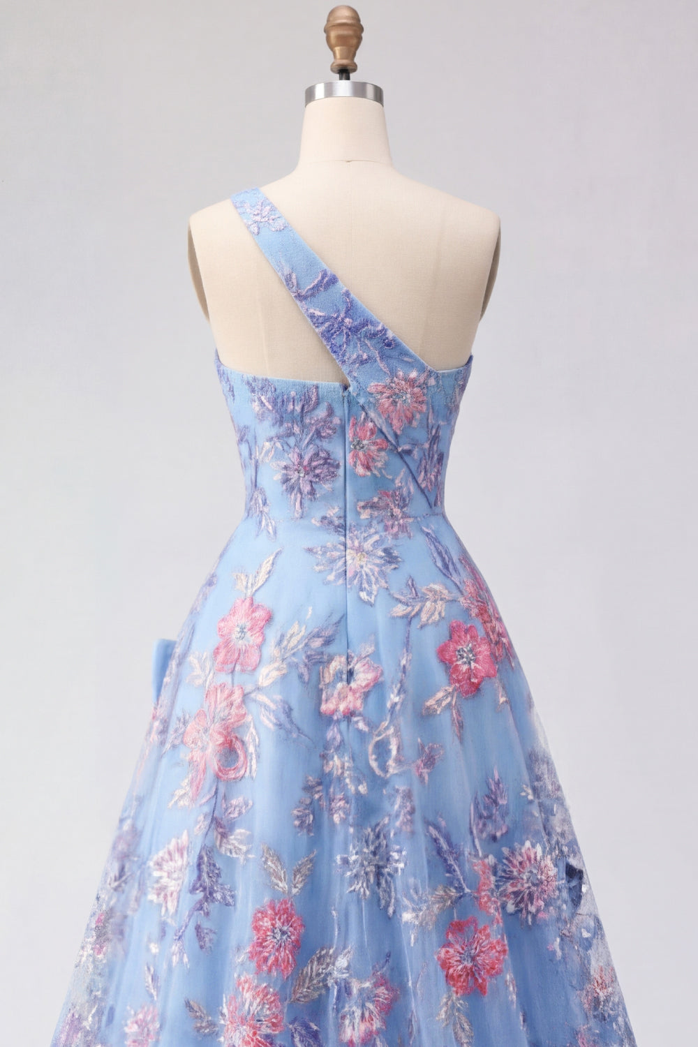 Blue One Shoulder A-Line Appliqued Prom Dress with Slit