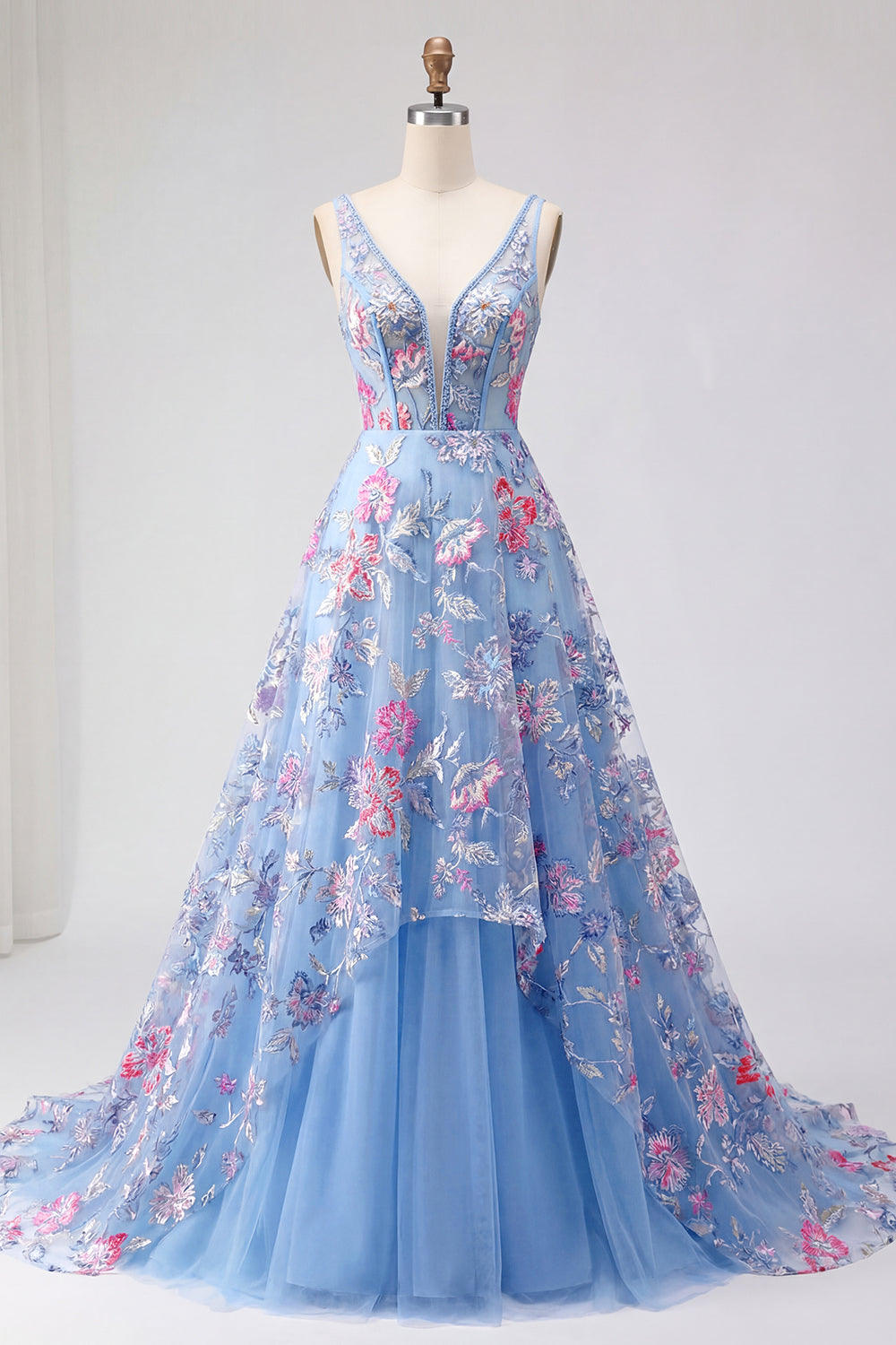 Blue Floral A Line V Neck Long Prom Dress