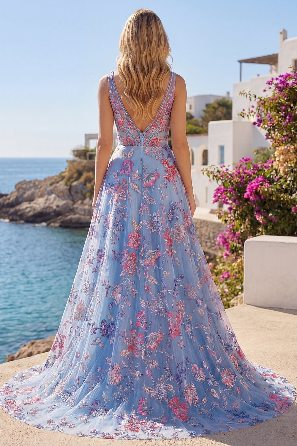 Blue Floral A Line V Neck Long Prom Dress