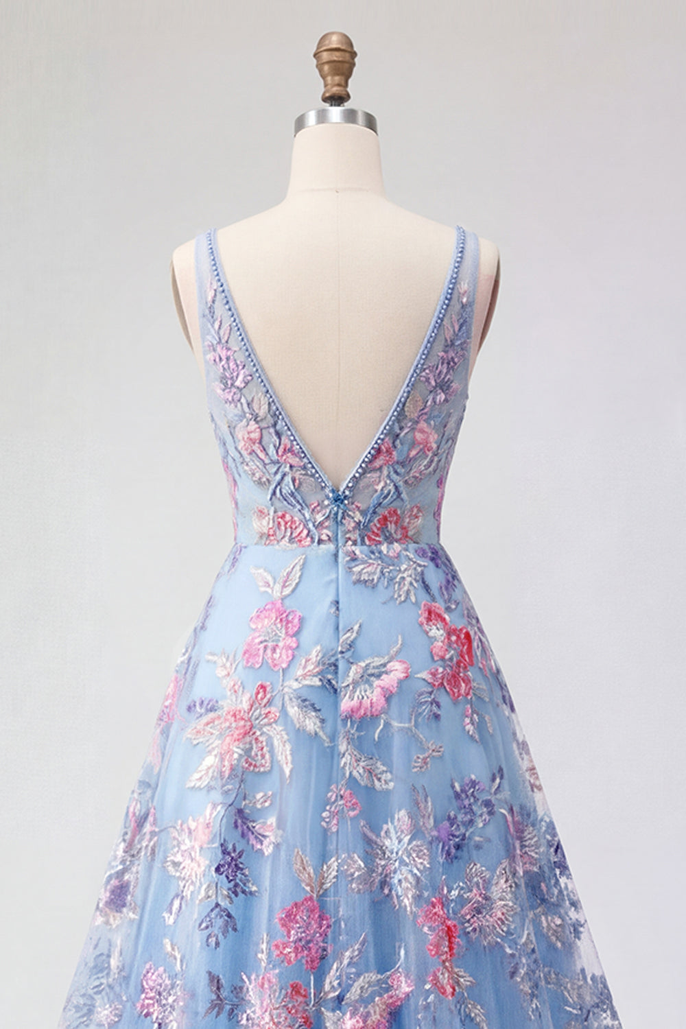 Blue Floral A Line V Neck Long Prom Dress