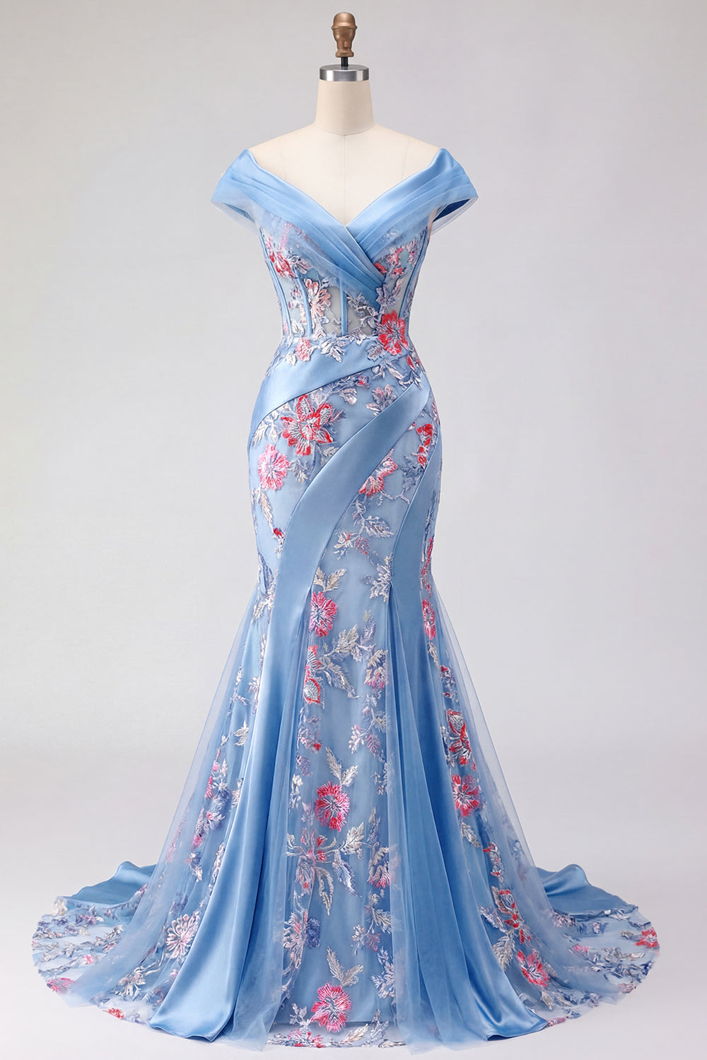 Blue V-Neck Mermaid Appliqued Corset Long Prom Dress
