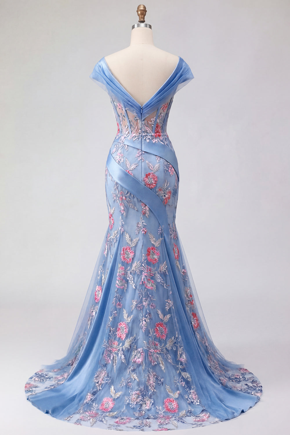 Blue V-Neck Mermaid Appliqued Corset Long Prom Dress