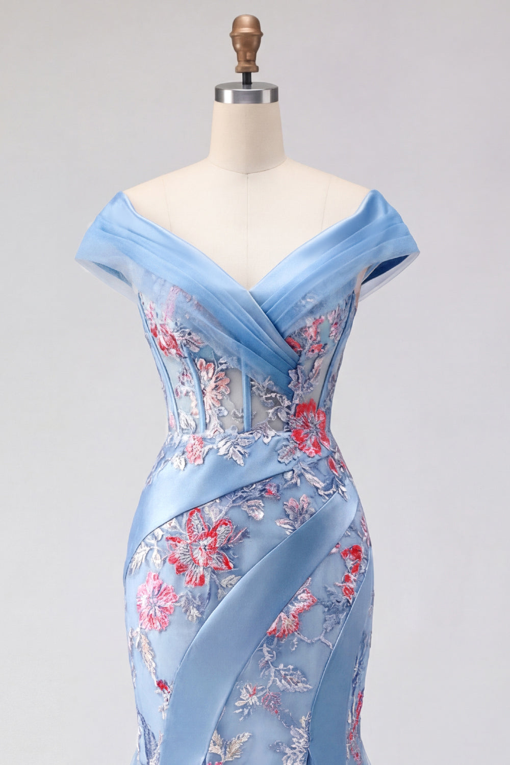 Blue V-Neck Mermaid Appliqued Corset Long Prom Dress