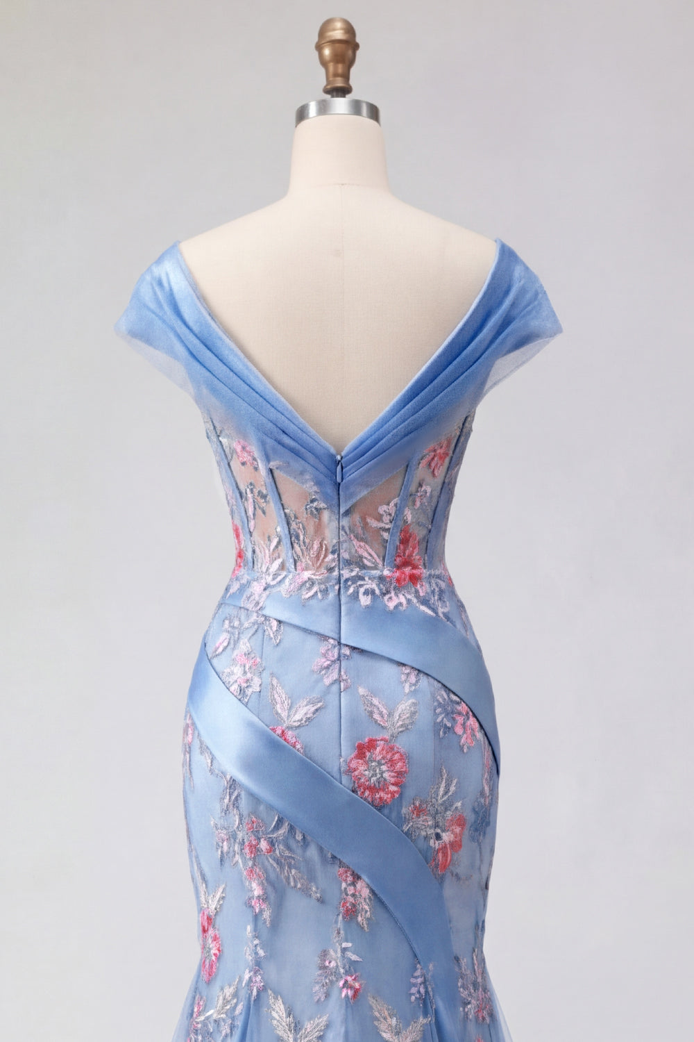 Blue V-Neck Mermaid Appliqued Corset Long Prom Dress