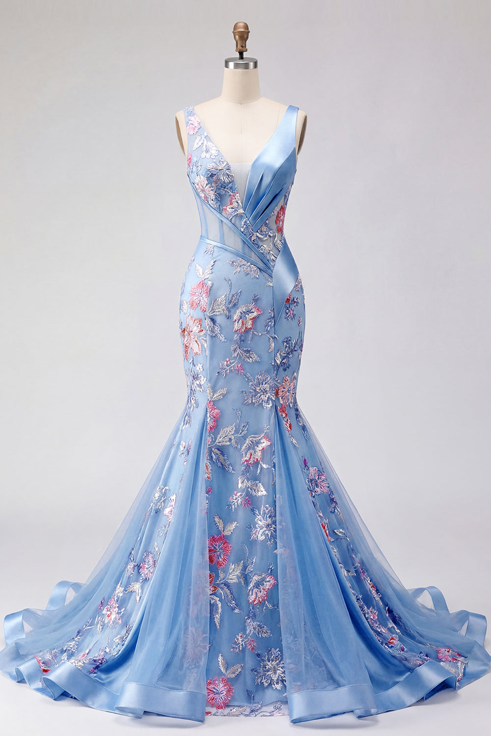 Robe de bal longue corset sirène bleu floral à col en V