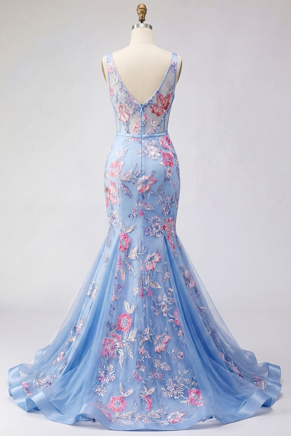 Robe de bal longue corset sirène bleu floral à col en V