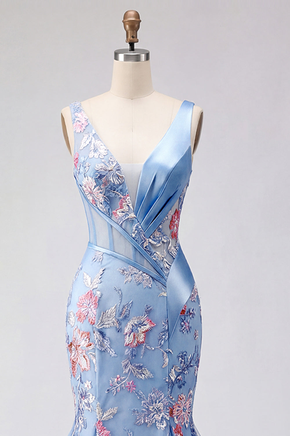 Robe de bal longue corset sirène bleu floral à col en V