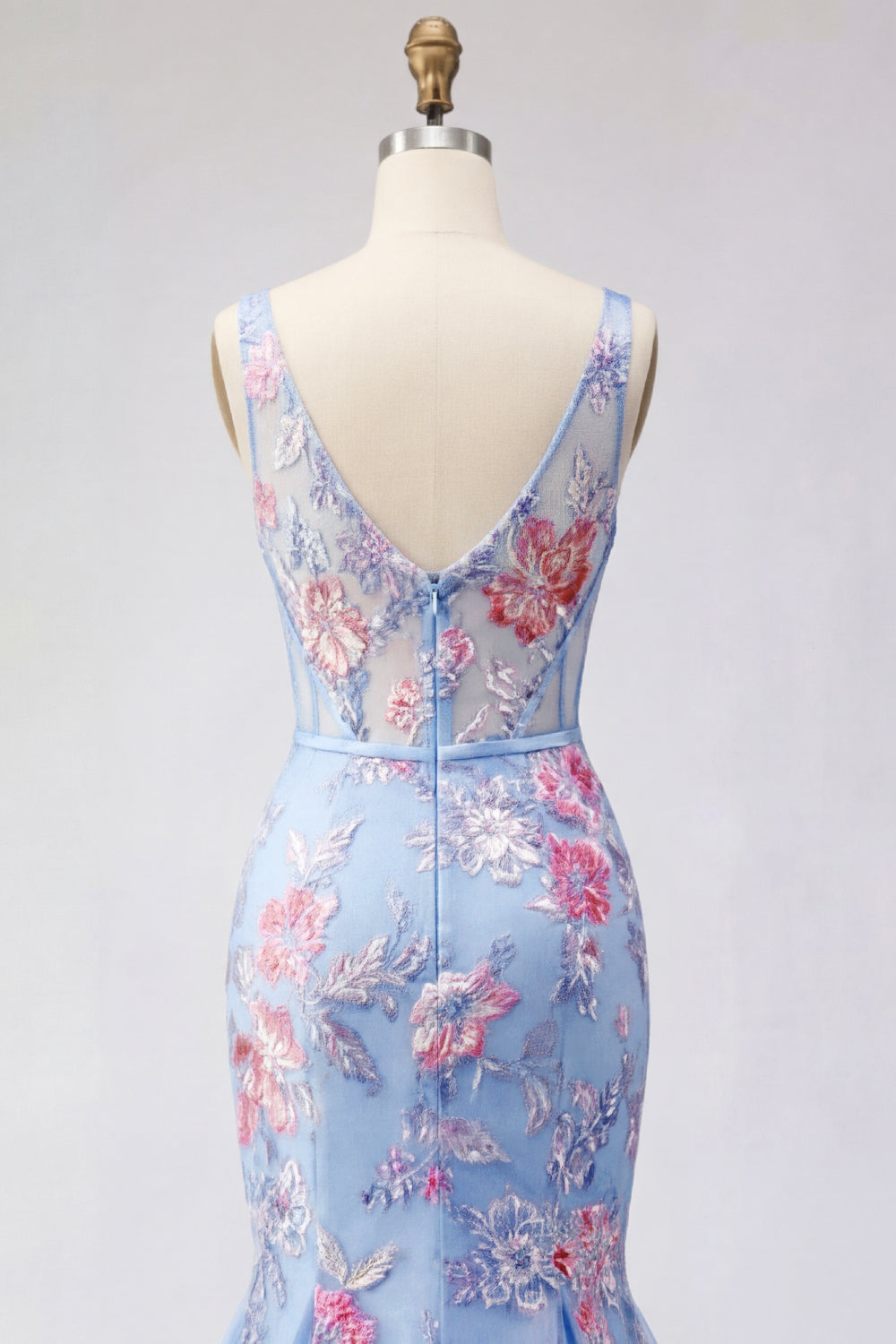 Robe de bal longue corset sirène bleu floral à col en V