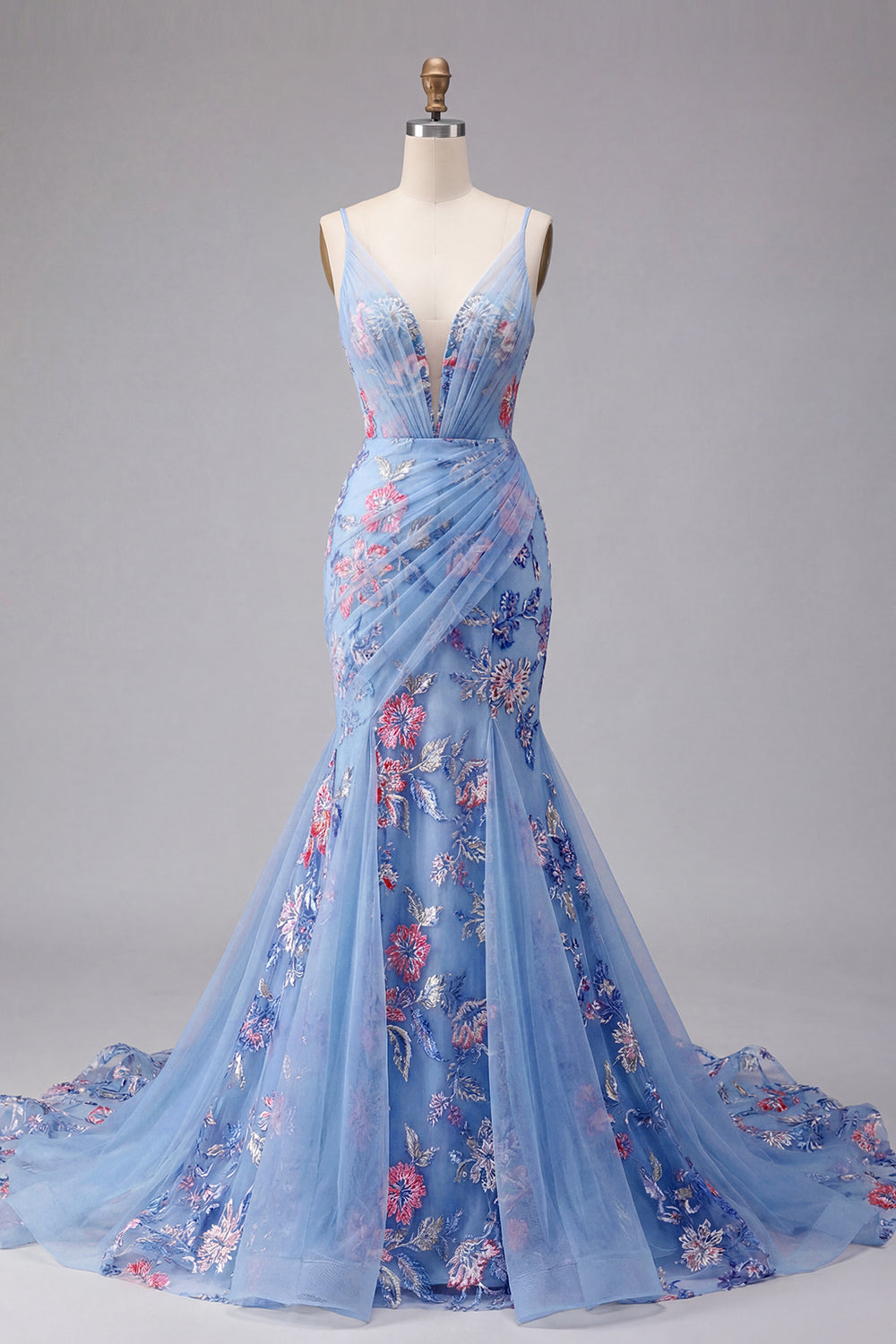 Robe de bal longue sirène bleue à fleurs avec fines bretelles et col en V
