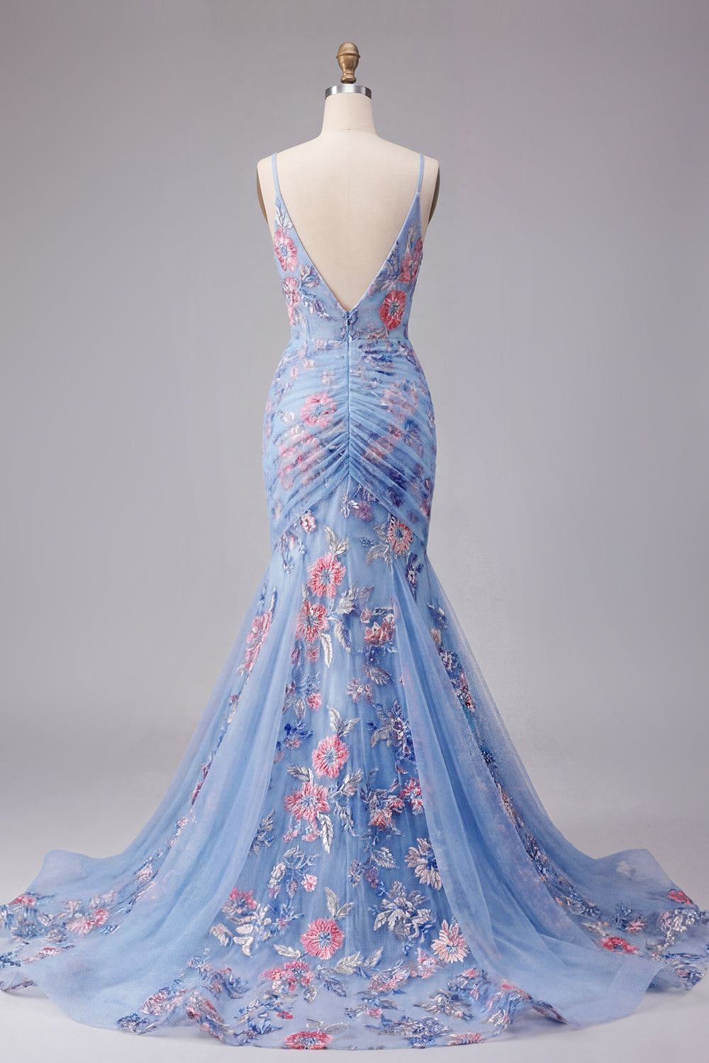 Robe de bal longue sirène bleue à fleurs avec fines bretelles et col en V