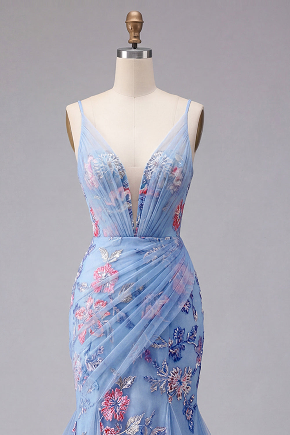 Robe de bal longue sirène bleue à fleurs avec fines bretelles et col en V
