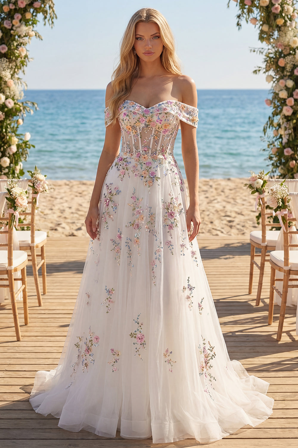 Sparkly White Beaded Off-the-Shoulder Floral Corset A-Line Long Wedding Dress