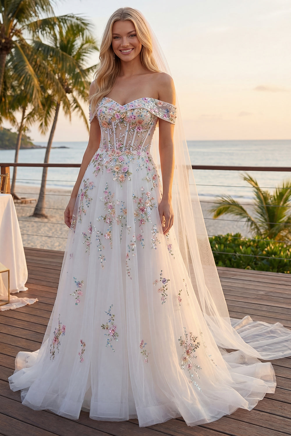 Sparkly White Beaded Off-the-Shoulder Floral Corset A-Line Long Wedding Dress
