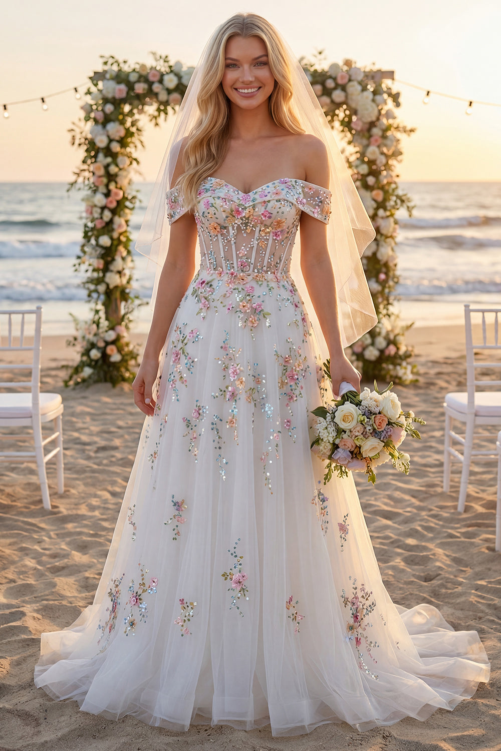 Sparkly White Beaded Off-the-Shoulder Floral Corset A-Line Long Wedding Dress