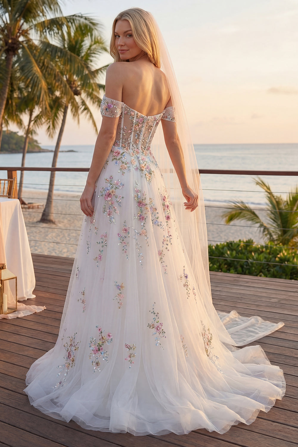 Sparkly White Beaded Off-the-Shoulder Floral Corset A-Line Long Wedding Dress