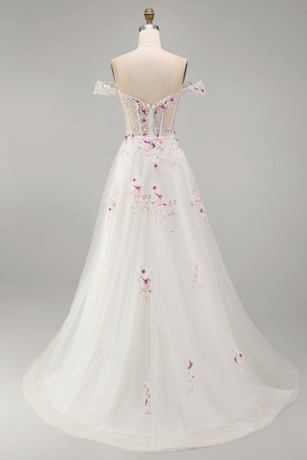 Sparkly White Beaded Off-the-Shoulder Floral Corset A-Line Long Wedding Dress