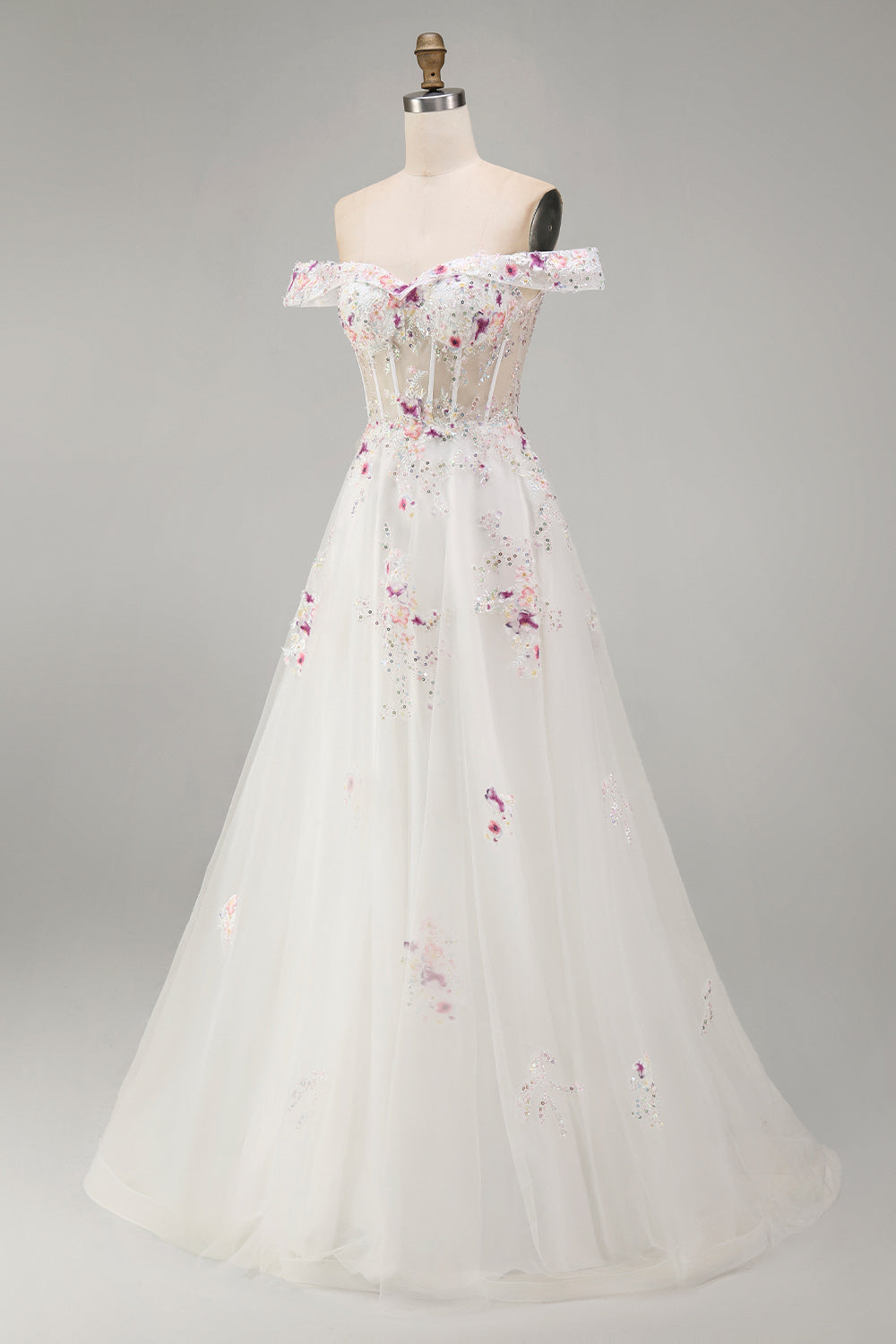 Sparkly White Beaded Off-the-Shoulder Floral Corset A-Line Long Wedding Dress