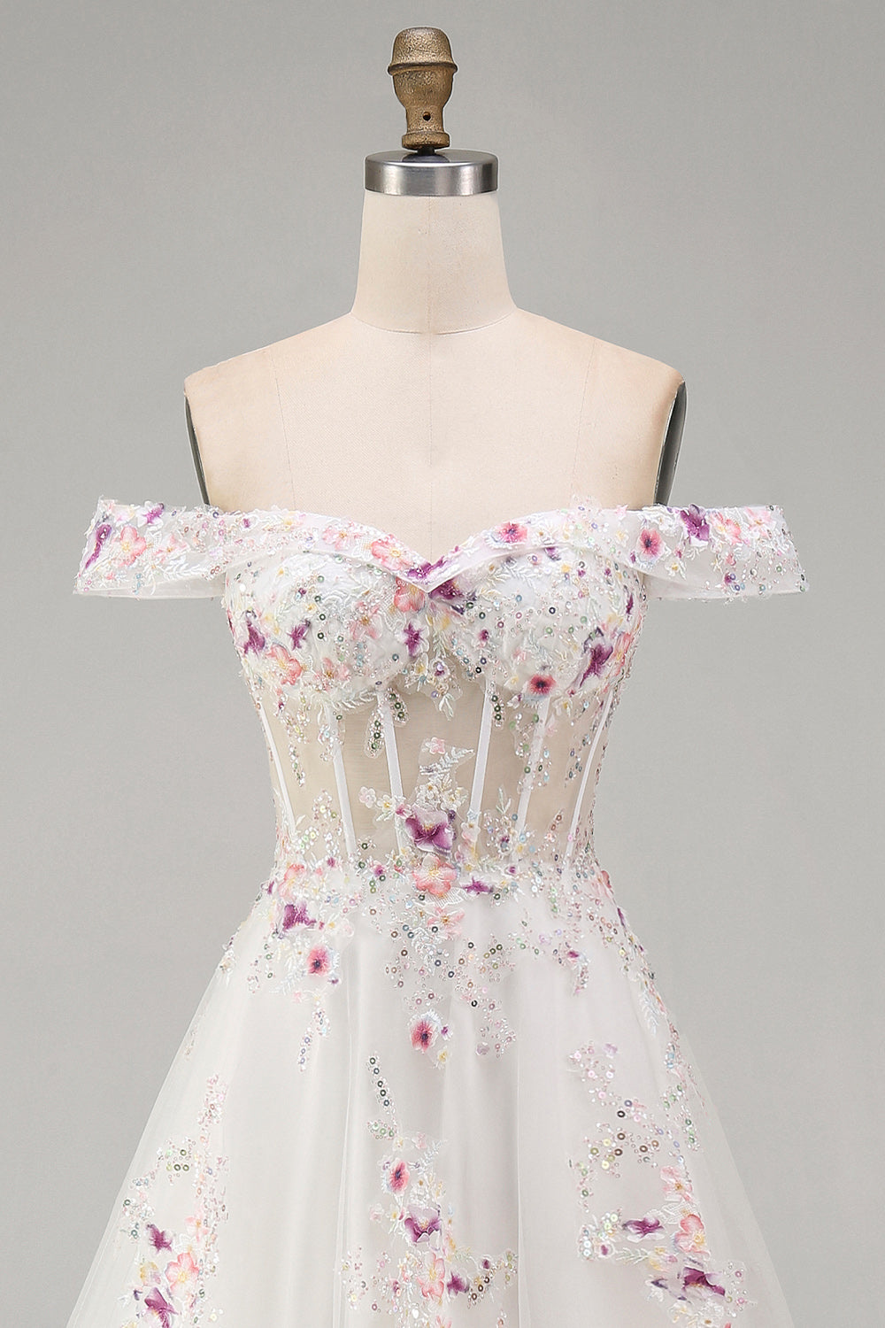 Sparkly White Beaded Off-the-Shoulder Floral Corset A-Line Long Wedding Dress