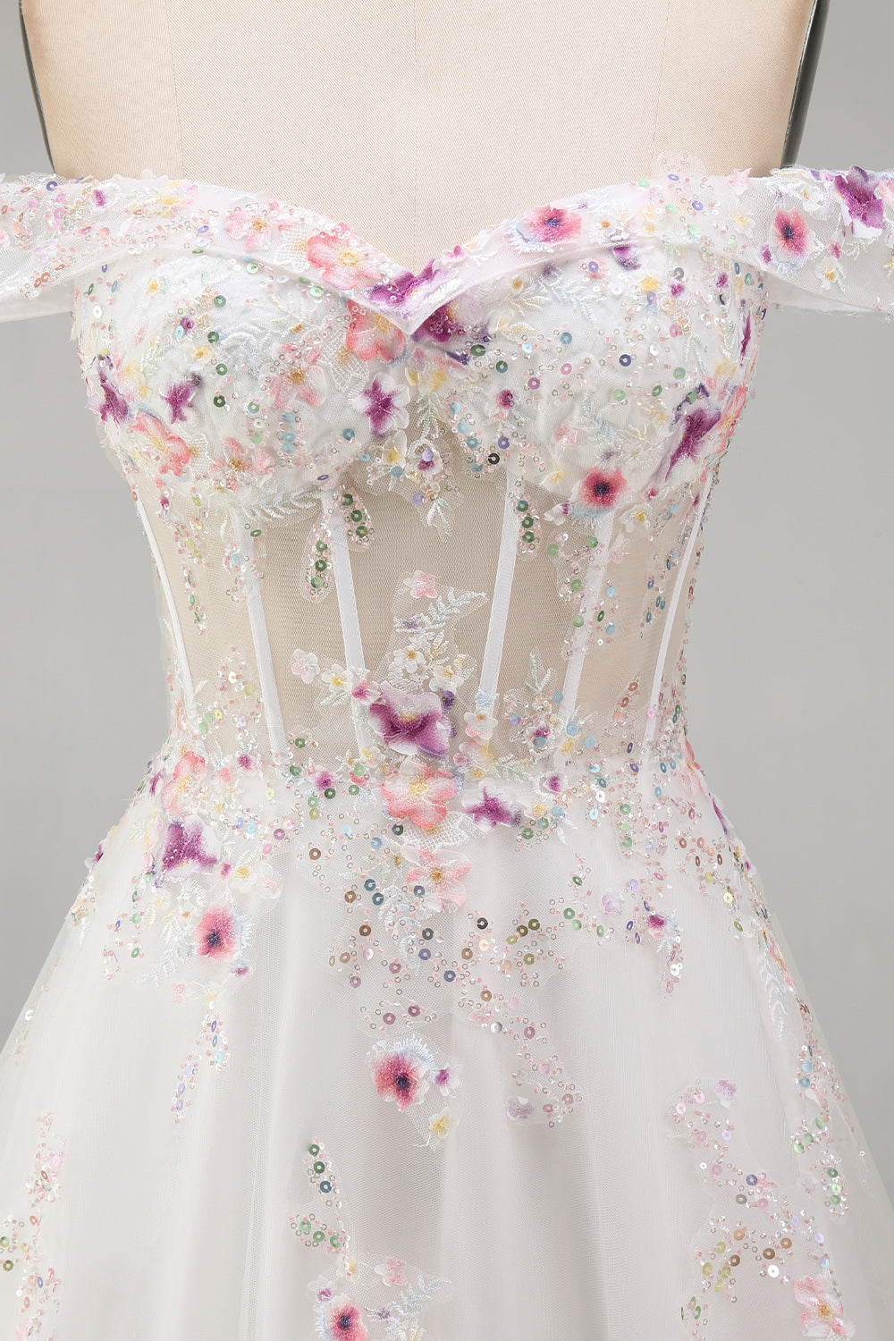 Sparkly White Beaded Off-the-Shoulder Floral Corset A-Line Long Wedding Dress