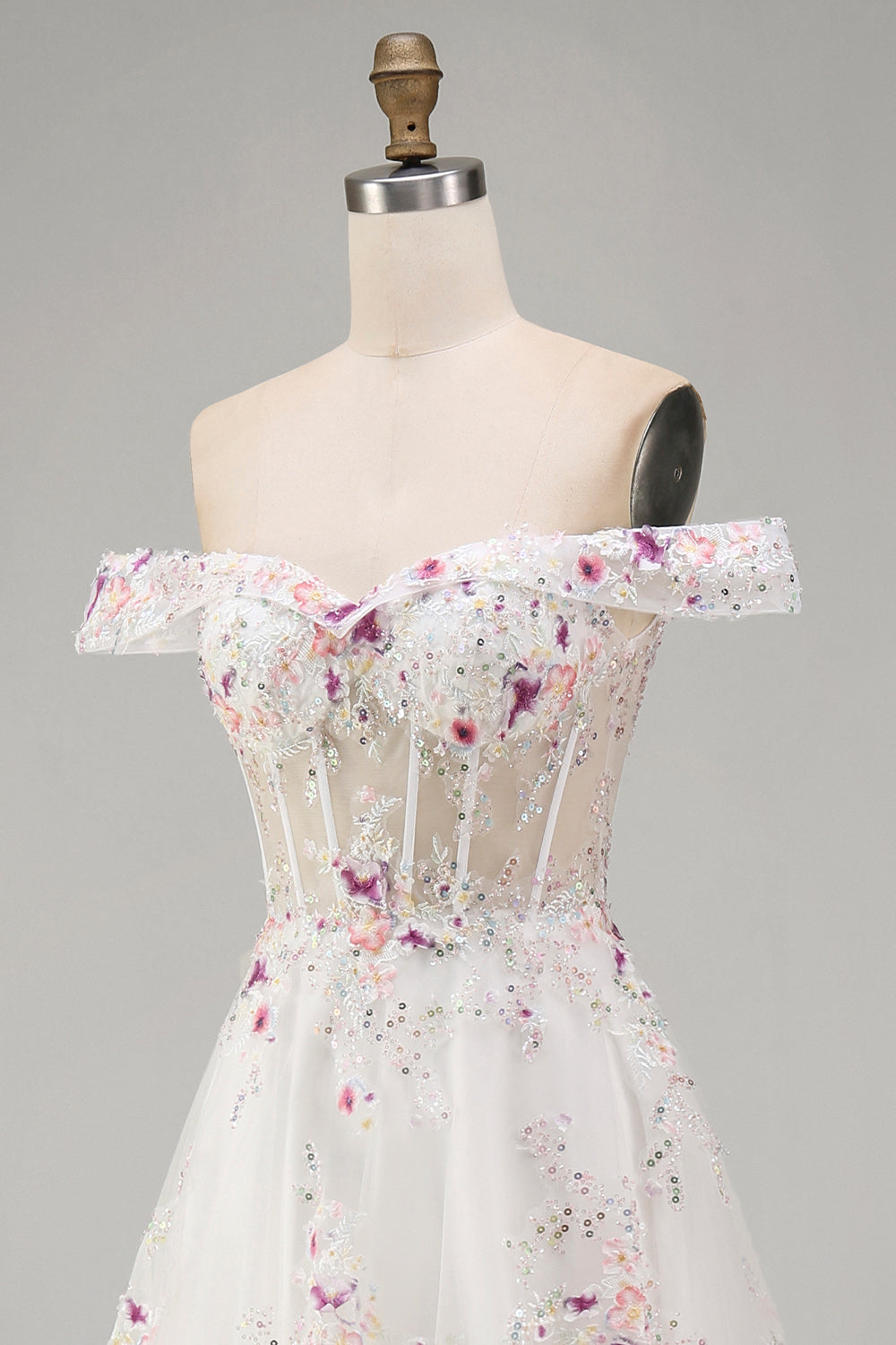 Sparkly White Beaded Off-the-Shoulder Floral Corset A-Line Long Wedding Dress
