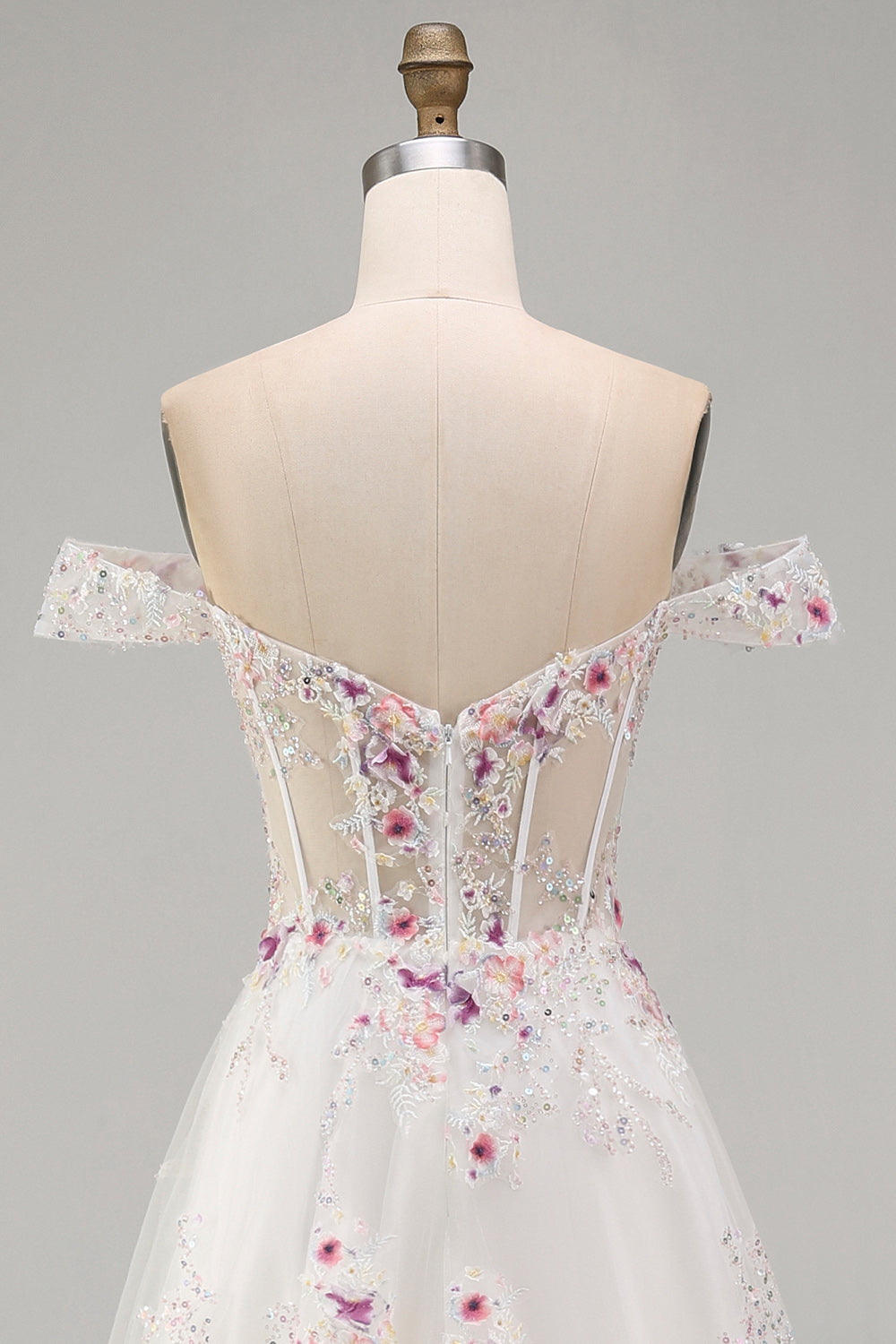 Sparkly White Beaded Off-the-Shoulder Floral Corset A-Line Long Wedding Dress