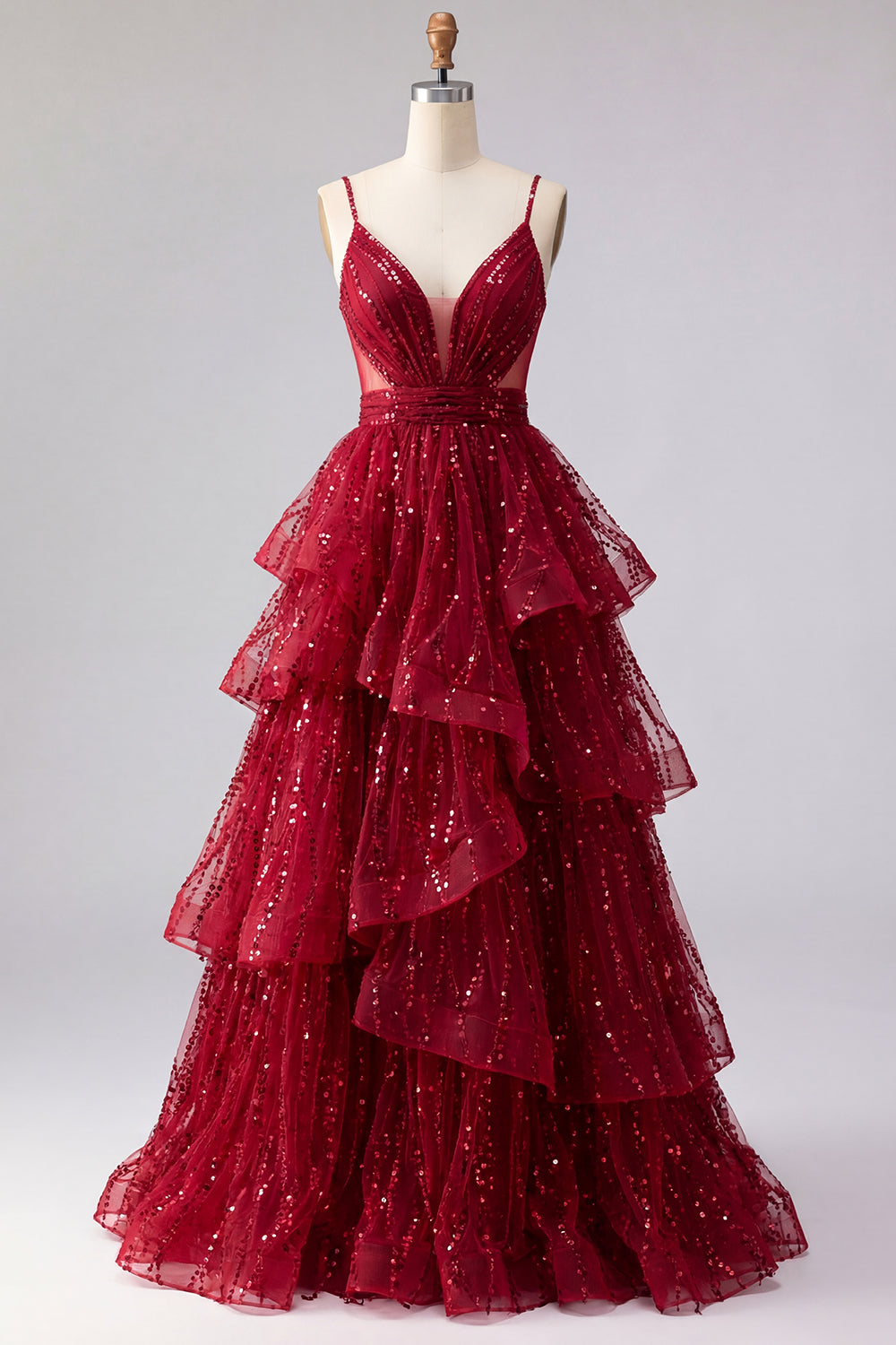 Robe de bal longue en tulle à paillettes bordeaux avec bretelles fines et volants