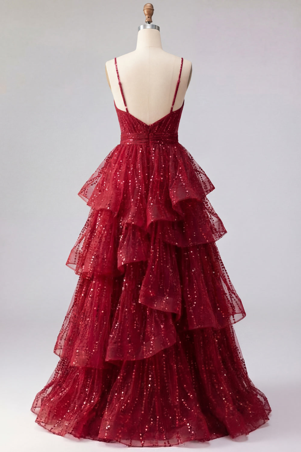 Robe de bal longue en tulle à paillettes bordeaux avec bretelles fines et volants