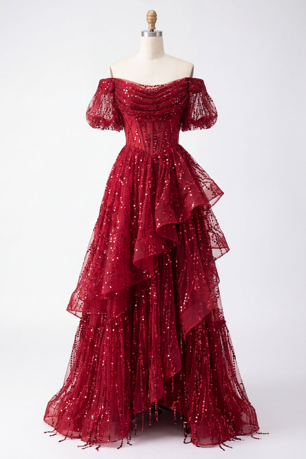 Sparkly Burgundy Puff Sleeves A Line Sequin Long Corset Prom Dress with Ruffles