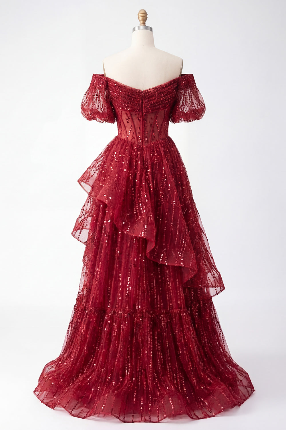 Sparkly Burgundy Puff Sleeves A Line Sequin Long Corset Prom Dress with Ruffles