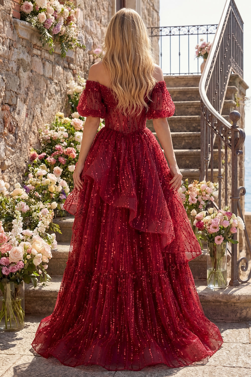 Sparkly Burgundy Puff Sleeves A Line Sequin Long Corset Prom Dress with Ruffles