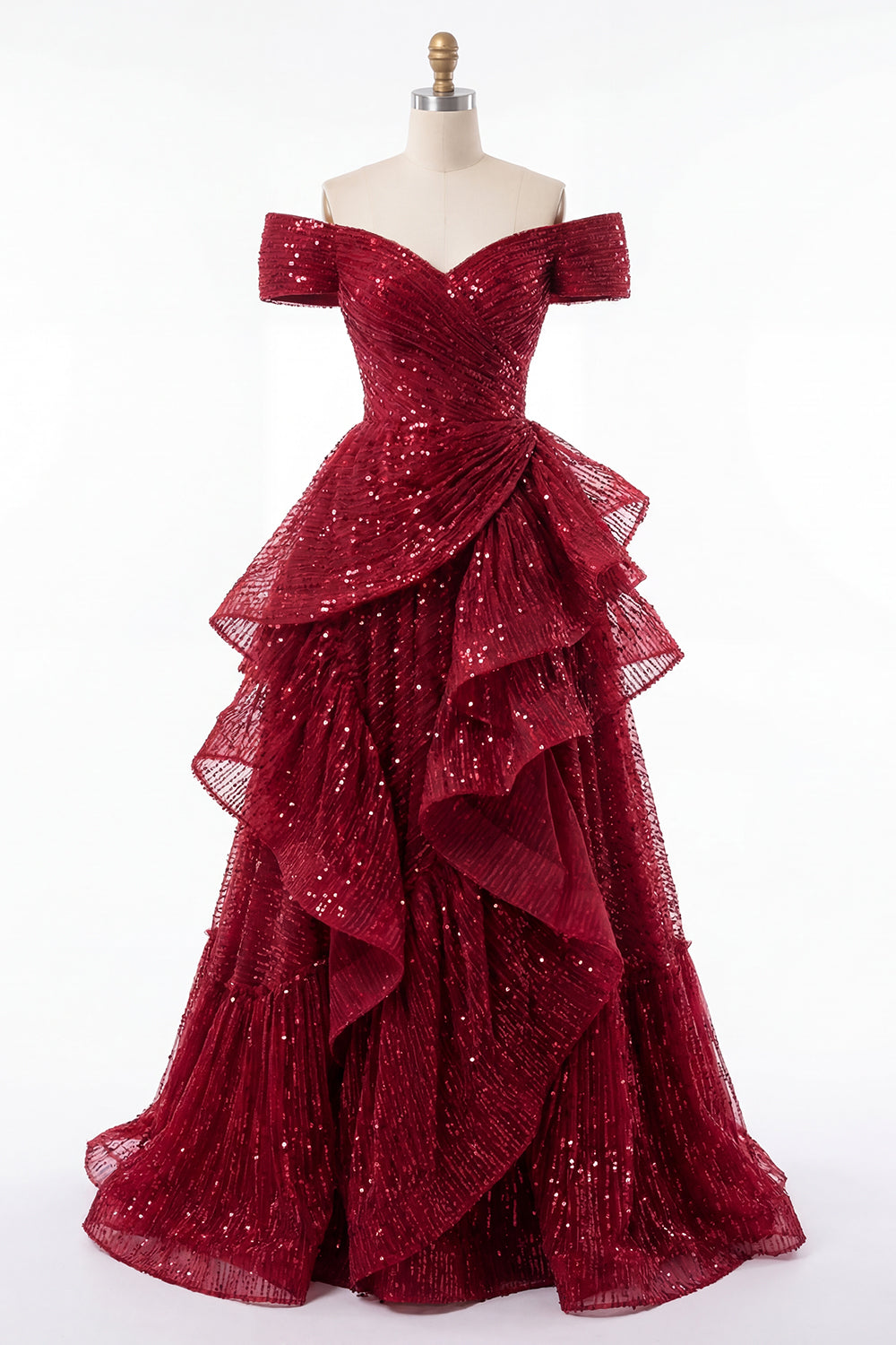 Sparkly Burgundy Off the Shoulder Sequin Ruched Long Prom Dress with Ruffles