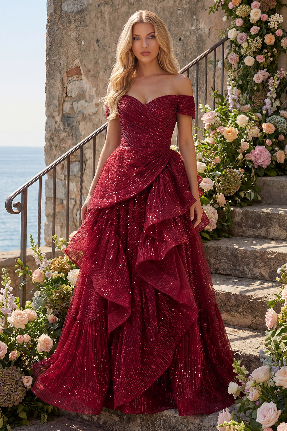 Sparkly Burgundy Off the Shoulder Sequin Ruched Long Prom Dress with Ruffles