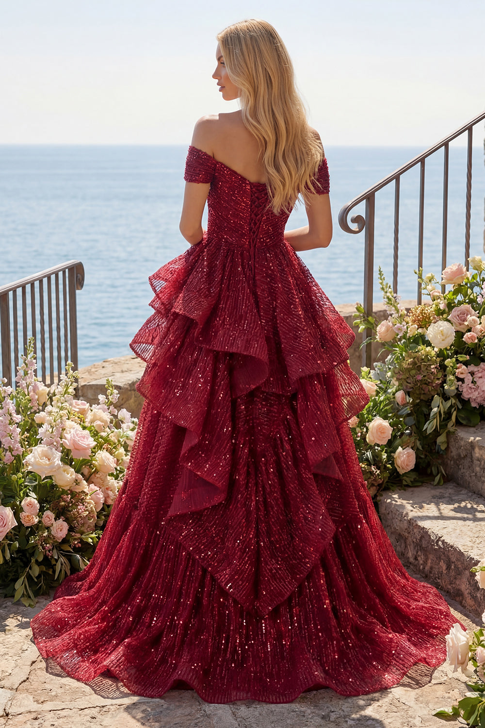 Sparkly Burgundy Off the Shoulder Sequin Ruched Long Prom Dress with Ruffles