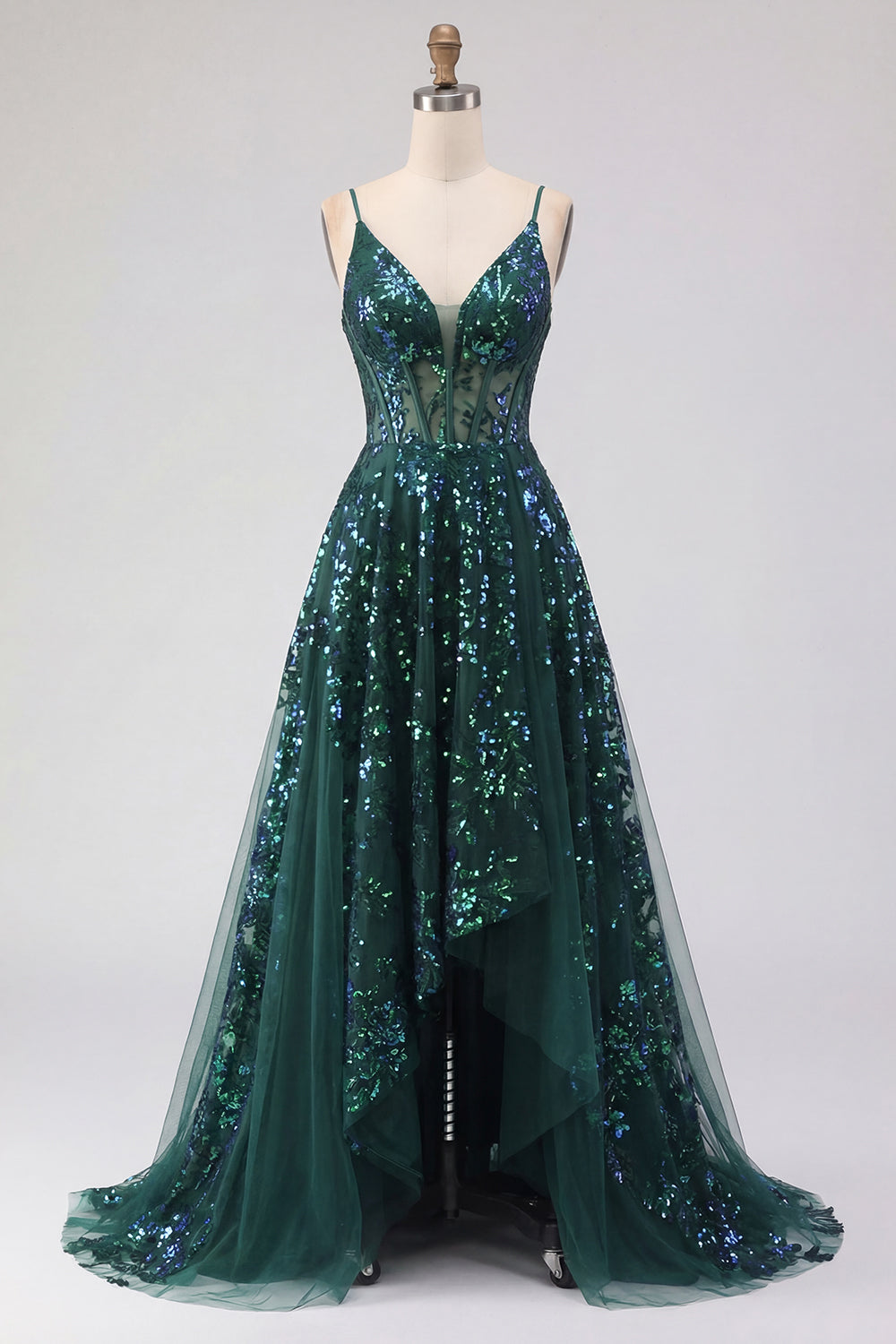 Sparkly Dark Green Corset Tulle High Low Sequin Prom Dress