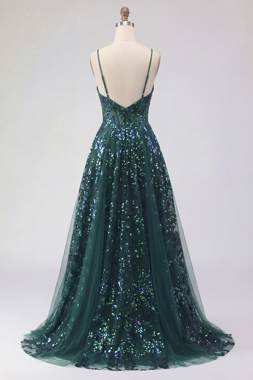 Sparkly Dark Green Corset Tulle High Low Sequin Prom Dress