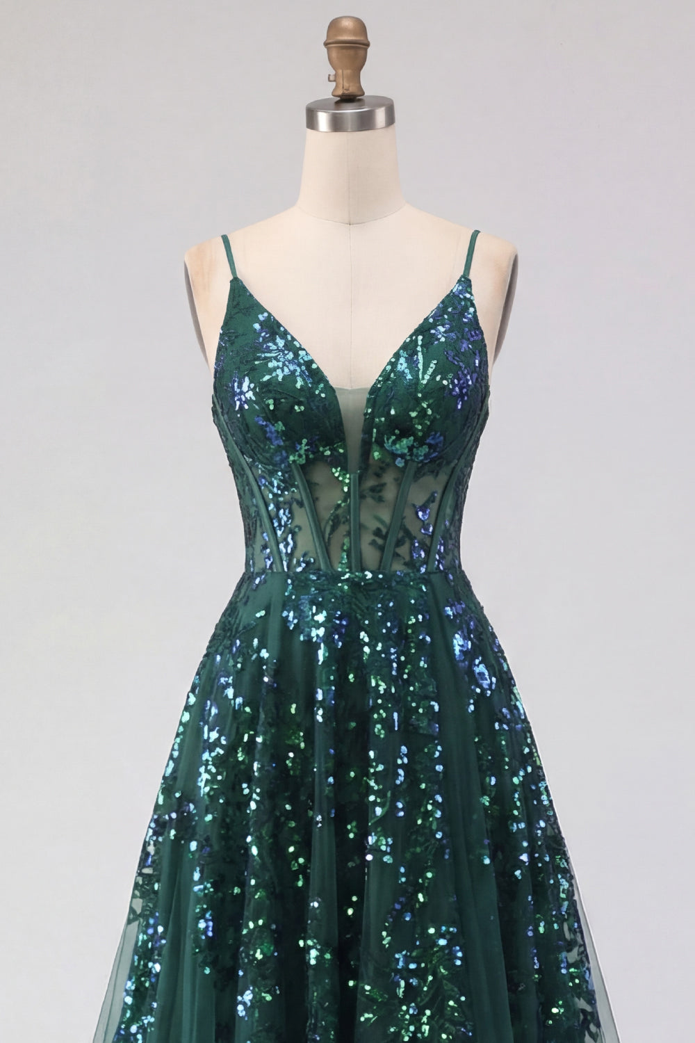 Sparkly Dark Green Corset Tulle High Low Sequin Prom Dress