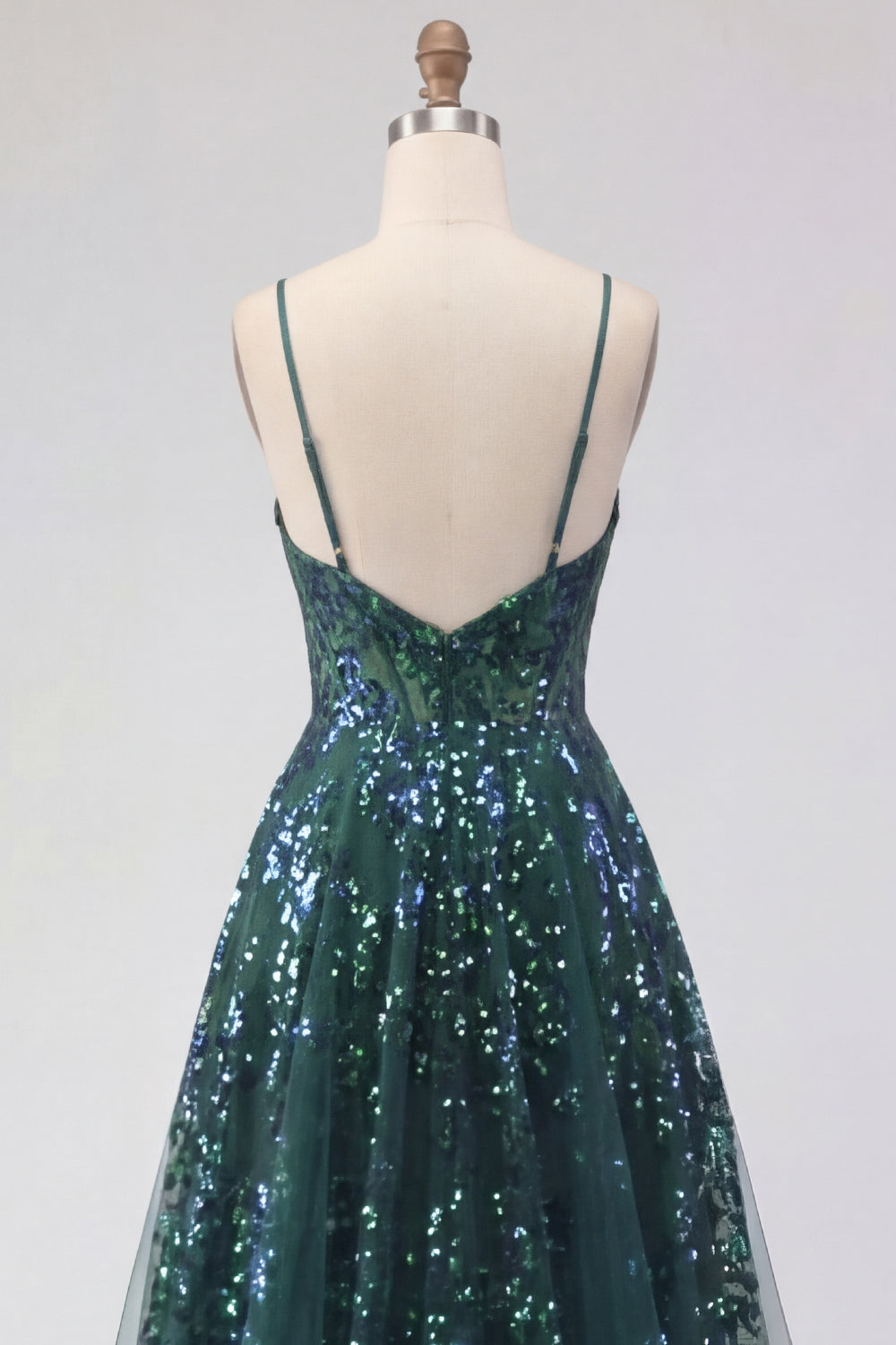 Sparkly Dark Green Corset Tulle High Low Sequin Prom Dress