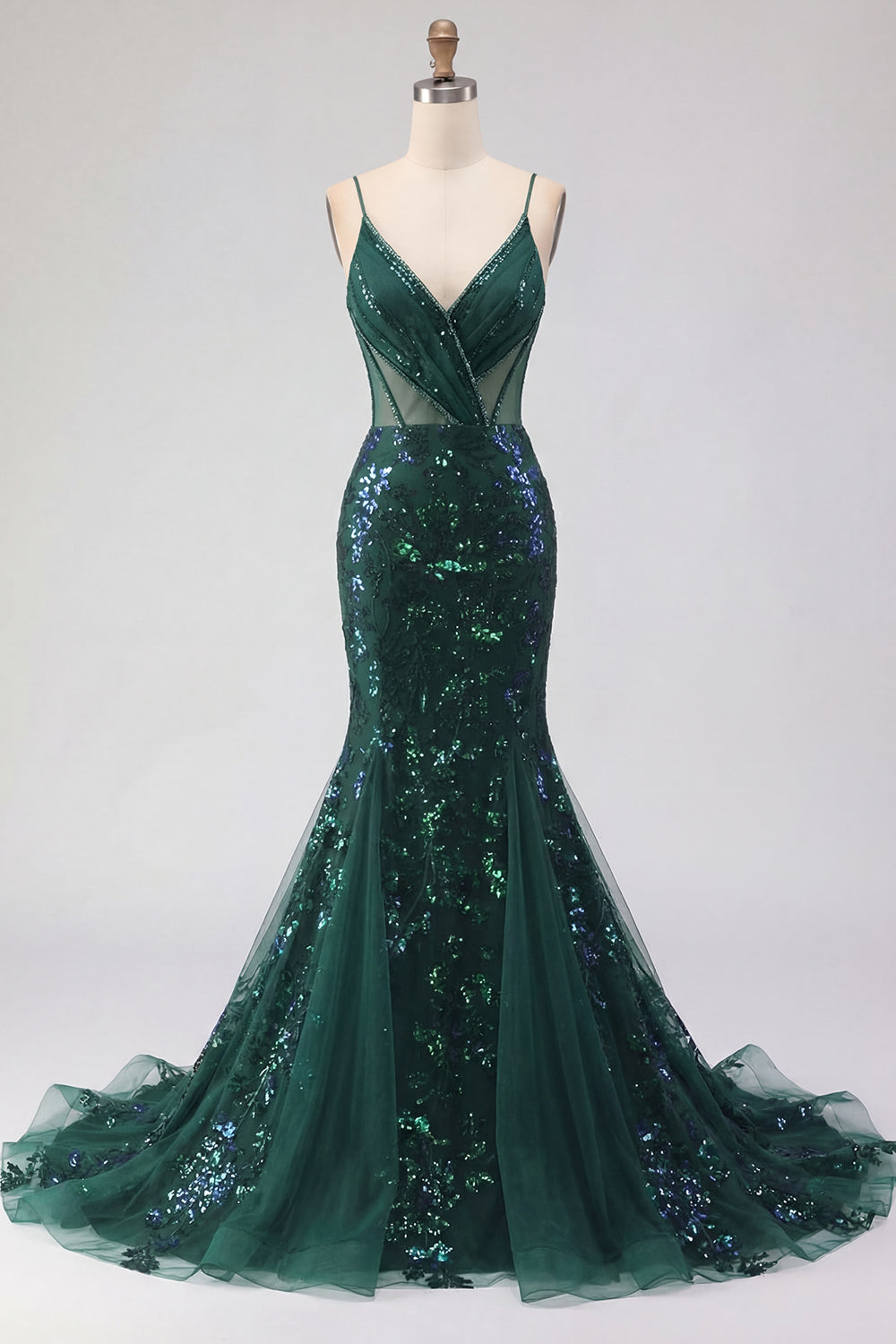 Robe de soirée longue sirène vert foncé pailletée à fines bretelles en tulle à sequins avec appliques