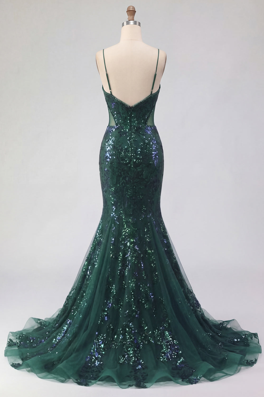 Robe de soirée longue sirène vert foncé pailletée à fines bretelles en tulle à sequins avec appliques