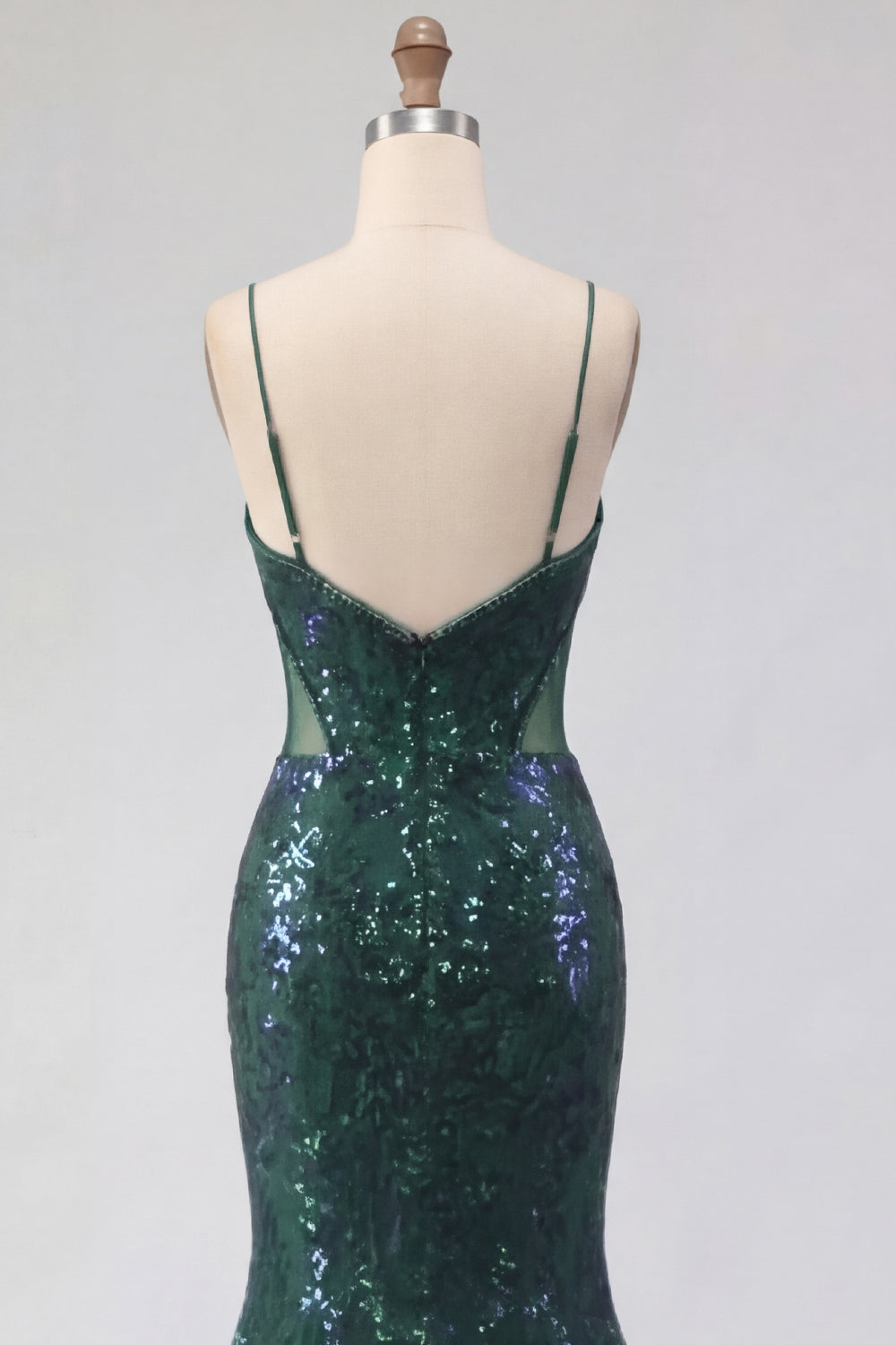Robe de soirée longue sirène vert foncé pailletée à fines bretelles en tulle à sequins avec appliques