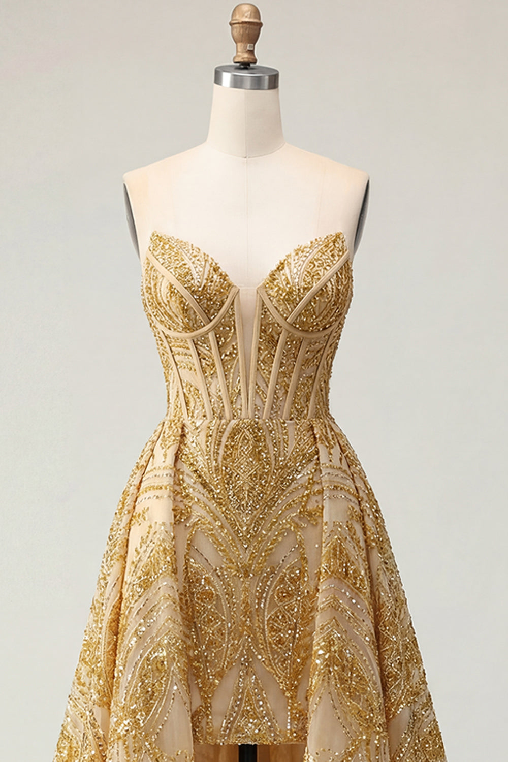 Sparkly Golden Sweetheart Bodycon Corset Beaded Mini Prom Dress with Ruffles Chapel Train